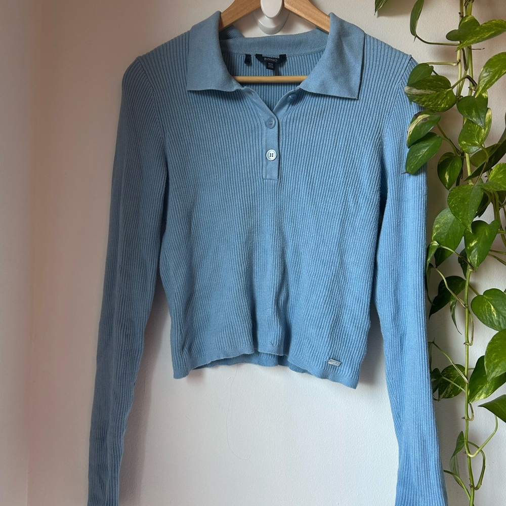 Women's Blue Ribbed Long Sleeve Top